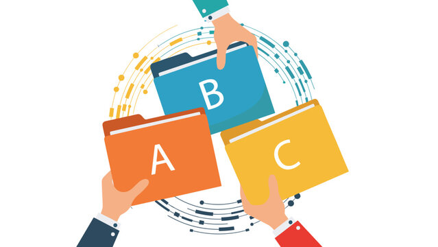 Three hands emerging from different directions hold colorful folders labeled A, B, and C arranged in a circle.