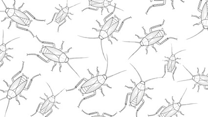 Fototapeta premium Infestation of cockroaches shown in a repetitive pattern on a plain white background for pest control concepts.