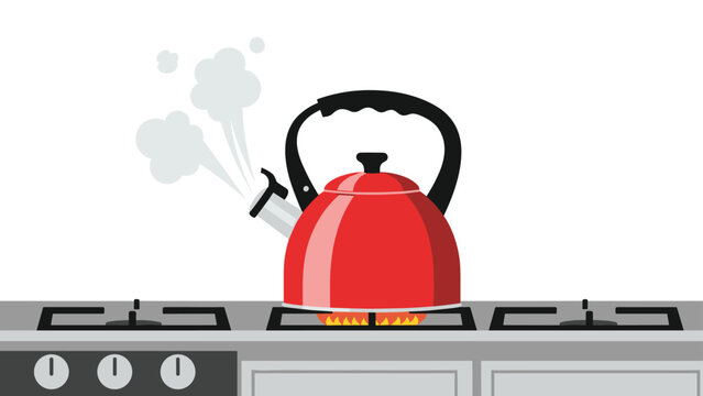 Red electric kettle boiling water on a kitchen gas stove with thick white steam rising from the spout in a home.