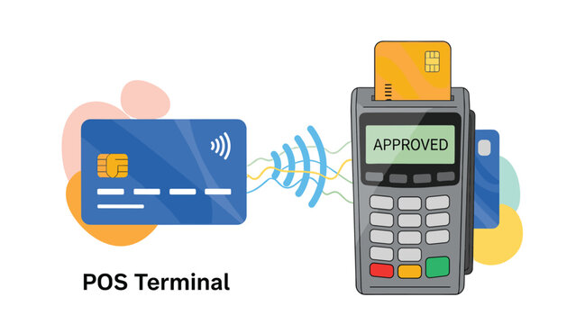 Contactless payment using a credit card at a POS terminal showing an approved transaction message on the screen.