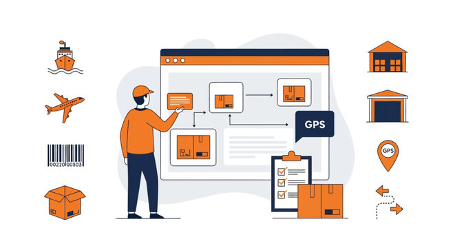 Man interacting with a software interface for tracking packages and managing a global supply chain and logistics operations.