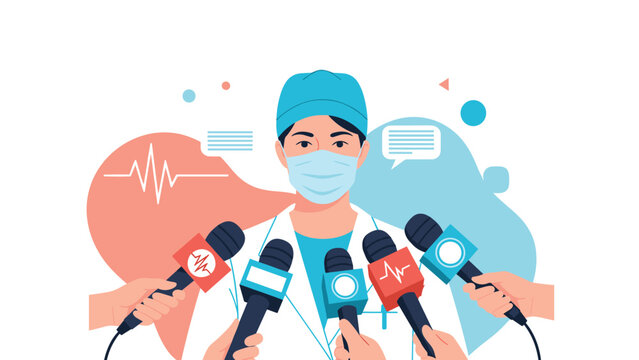 Medical professional or doctor wearing a face mask giving an interview with many microphones during a press conference.