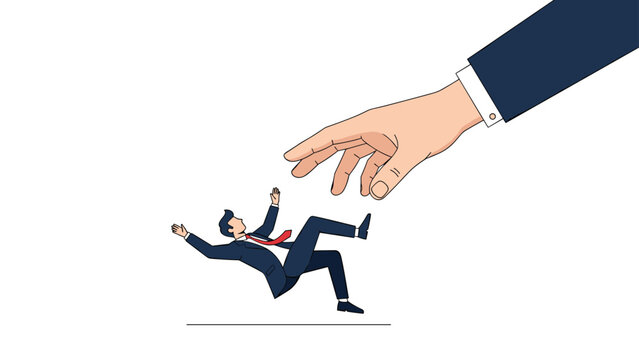 Giant hand reaching out to catch a falling businessman in a suit to provide support and help during a career crisis.