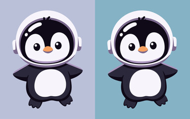 Fototapeta premium A pair of adorable penguin astronauts, fully geared up in sleek space helmets, embark on an imaginative cosmos exploration, their contrasting backgrounds.