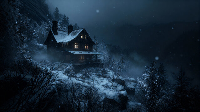 haunted house in the woods, winter horror, sinister, haunted at night, ghost in cabin