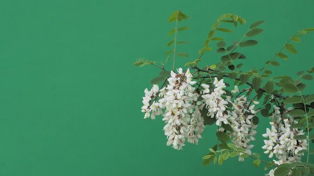 Blooming white acacia branch on green screen