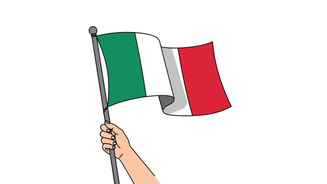 Hand holding a flagpole with the national flag of Italy waving in the wind representing patriotism, travel, and culture.
