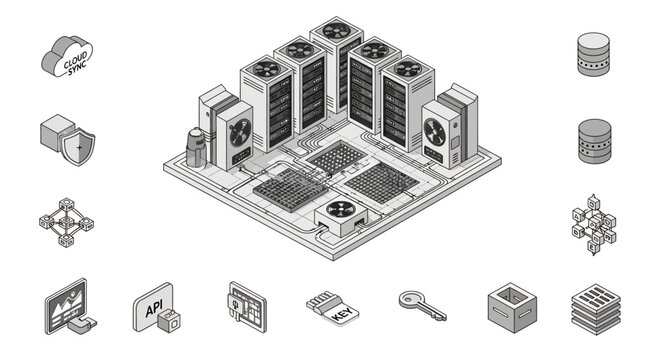 Isometric illustration of a data center infrastructure with server racks, cooling systems, and various technology icons representing cloud, security, and networking concepts.