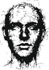 Detailed pencil sketch of a man s face with blank eyes on a white background