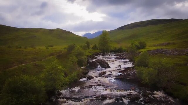 A scenic view of the River Etive flowing through Glen Etive in the Scottish Highlands
