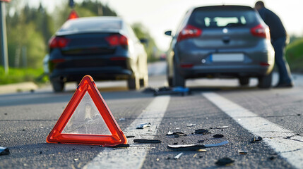 A red warning triangle on a road with damaged cars in the background