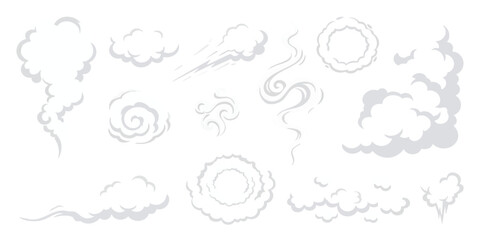 Cartoon white smoke clouds puff set dust explosion and comic wind trail effects vector illustration © GraphixEra