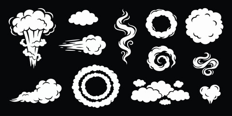 Comic white smoke puff and dust explosion cloud elements set on dark background vector illustration © GraphixEra