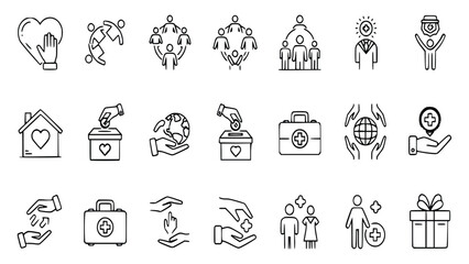 Fototapeta premium Collection of charity and donation icons representing kindness and giving to various causes and people in need worldwide with simple black line illustrations.