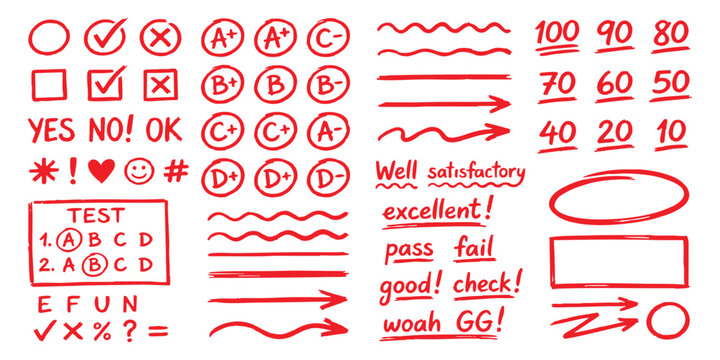 Red marker hand drawn teacher grading marks checkmarks grades and test score elements vector illustration
