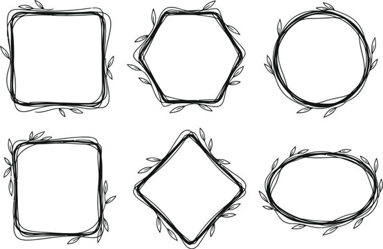Collection of six hand drawn decorative frames with organic leafy elements in a simple style