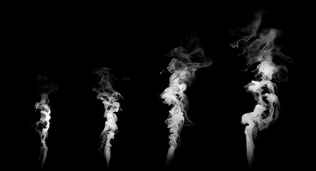 Vertical white smoke column rising and swirling in air isolated on black background, realistic vapor plume and fog stream texture for overlay effects, cinematic smoke element for compositing, design