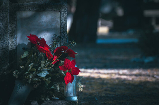Flowers placed at a grave site in a cemetery during the daytime with soft light illuminating the area