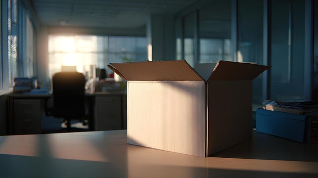 Unboxing Opportunity: A solitary cardboard box, bathed in the soft glow of a sunlit office, hinting at new beginnings, innovation, or a shift in direction. 