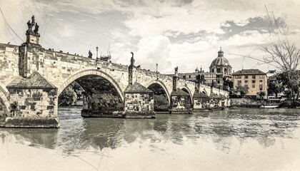 Obraz premium Vintage View of Ponte SantAngelo and the Tiber River, Rome.