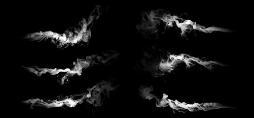 Horizontal white smoke trail drifting and swirling in air isolated on black background, realistic vapor stream and fog plume texture for overlay effects, cinematic smoke element for compositing © wasan