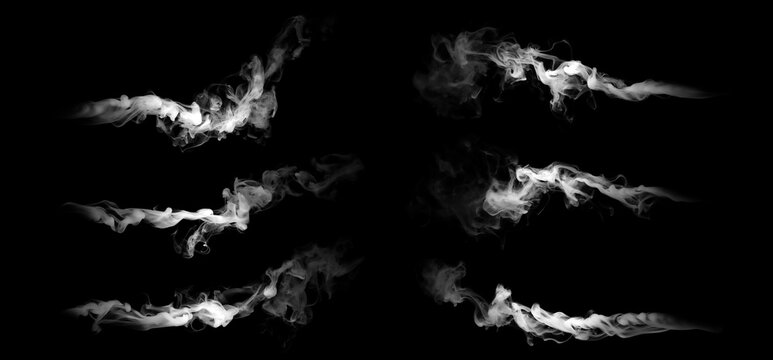Horizontal white smoke trail drifting and swirling in air isolated on black background, realistic vapor stream and fog plume texture for overlay effects, cinematic smoke element for compositing
