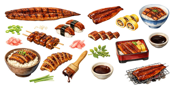 A charming watercolor collection of unagi kabayaki grilled eel with sushi, rice bowls, and sauce for Japanese food illustrations and Asian cuisine design.