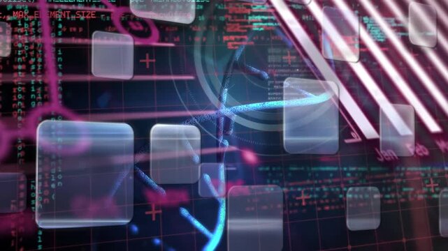 Animation of squares, graphs, dna, evidence and data processing on black background