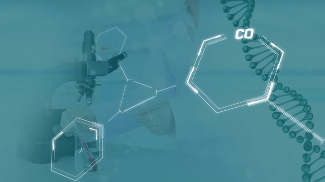 Animation of molecules over caucasian doctor with pipette