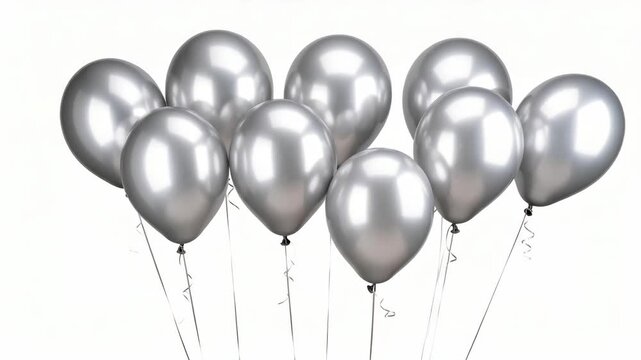 Bunch of glossy chrome silver balloons floating with strings on a plain white background for festive birthday celebration