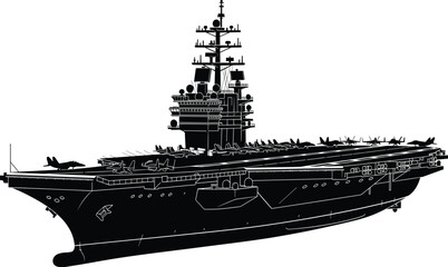 Black silhouette of aircraft carrier with multiple fighter jets on deck ship white background © MdAbdulHamad