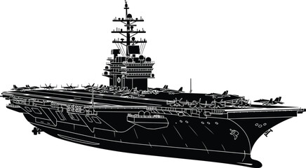 Black silhouette of aircraft carrier with white outlines and fighter jets on deck © MdAbdulHamad