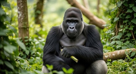 Fototapeta premium Majestic gorilla in lush forest a portrait of wild animals and primate life