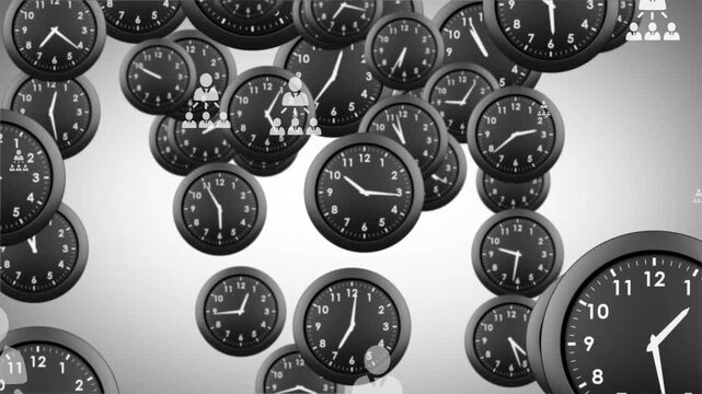 Animation of profile icons over falling black clocks against gradient background