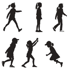 Obraz premium Cute Kids Silhouette Vector Illustration Featuring Male and Female Children, Boy and Girl Playing, Standing and Walking Poses Collection Isolated on White Background