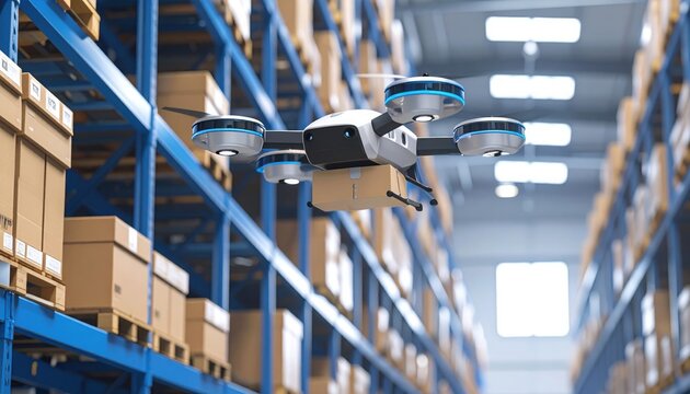Modern white delivery drone with blue lights transporting cardboard box inside high tech storage facility with blue shelving units