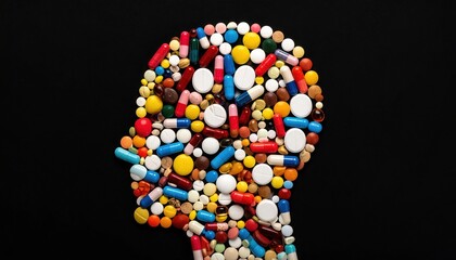 Profile view of human head silhouette composed entirely of various colorful pharmaceutical pills and capsules on black background