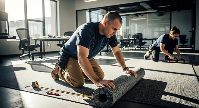 A Professional Handyman Unrolling Grey Carpet During Office Renovation, Modern Flooring Solutions for Business Spaces and Workspace Upgrades