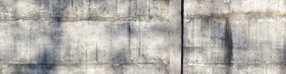 Obraz premium Detailed panoramic view of a weathered gray concrete wall. The industrial, grungy texture features stains, cracks, and seams. Soft shadows create a stark, minimalist, and abstract background.
