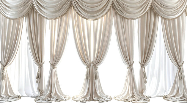 Elaborate, creamy white curtains swag over a black background space