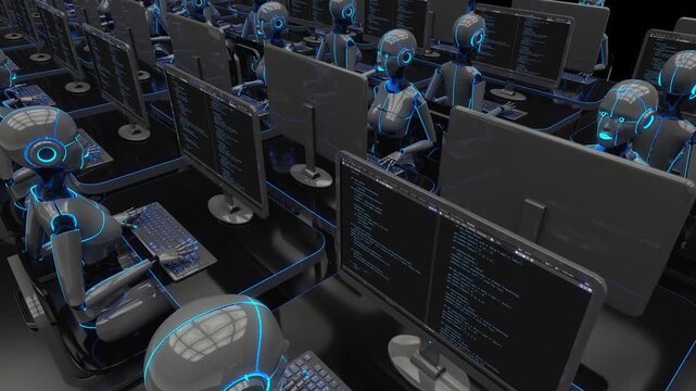 4k Seamless loop video of an automated office with female androids coding on multiple workstations