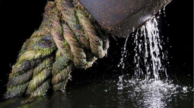Thick wet ropes and barnacled anchor pulled from dark water, droplets flying. safety posters, maintenance manuals, designed for industrial assembly lines and welding operations.