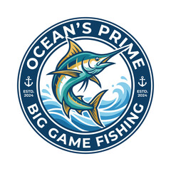 The image presents the logo for Ocean's Prime Big Game Fishing, featuring a marlin leaping amidst waves, symbolizing adventure and excitement in sport fishing. © jim