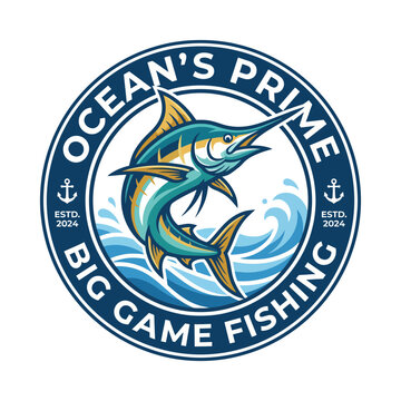 The image presents the logo for Ocean's Prime Big Game Fishing, featuring a marlin leaping amidst waves, symbolizing adventure and excitement in sport fishing.