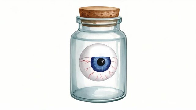 Creepy blue human eye in a glass specimen jar with a cork stopper watercolor illustration isolated on white background