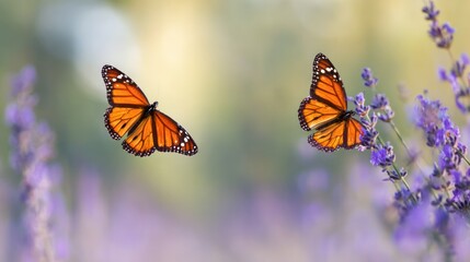 Obraz premium Two monarch butterflies flying in unison among purple lavender flowers, synchronized wings. wildlife magazines, conservation campaigns, designed for nature documentaries and education.