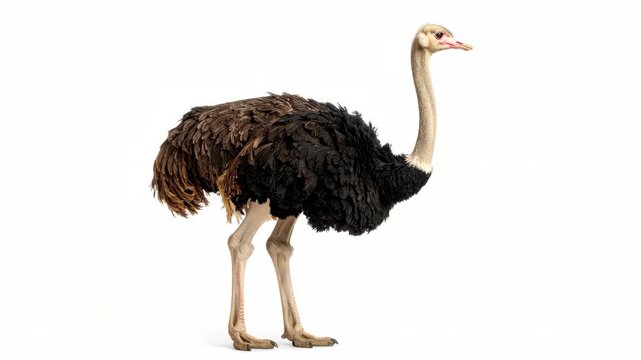 Full body profile of a common ostrich standing against a plain white background