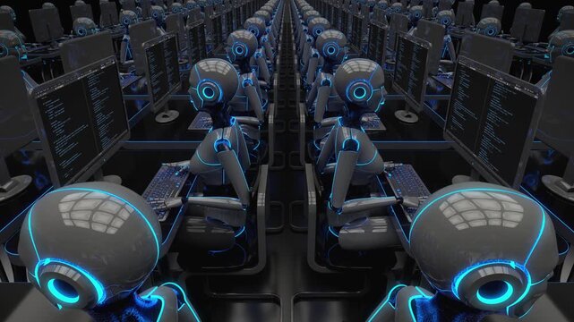 4k Seamless loop video of an automated office with female androids coding on multiple workstations