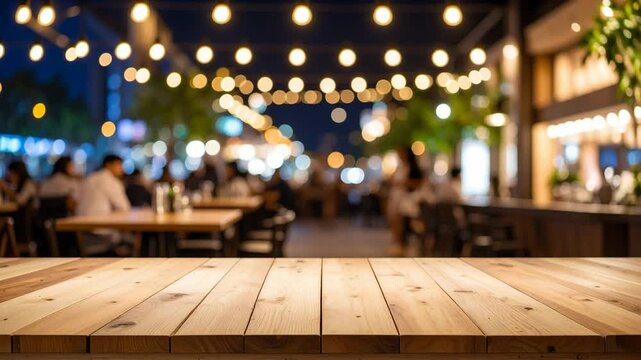 Empty light wood table top for product placement with blurred evening restaurant and glowing party lights in the background