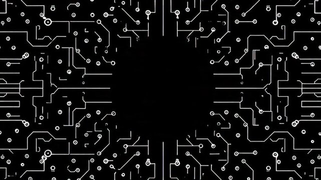 Electronic circuit board illustration with white lines on black background